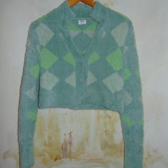 COTTON ON Super Fuzzy Soft Furry Sweater Cropped Argyle Preppy Light Academia SP - Picture 12 of 13